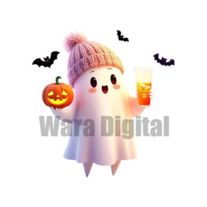 Cute Halloween Ghost Illustration with Knit Cap, Pumpkin & Drink – Digital Art
